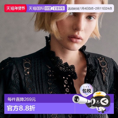 Sezane 女士黑色棉衬衫新款长袖泡泡袖