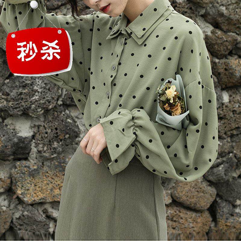 芥末绿衬衫女长袖2019新款春装法式少女复古喇叭袖雪纺波T点衬衣|ruв категории Женская одежда, рубашка - от Buy2taobao.com для оказания профессиональной услуги покупки агента Taobao