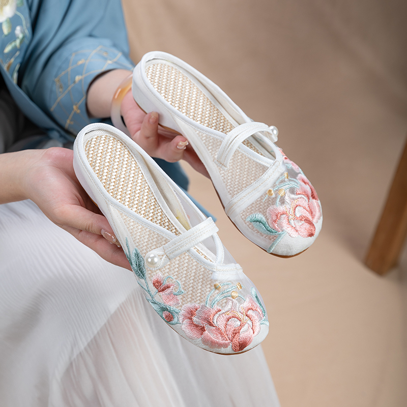 夏季绣花拖鞋女舒适透气软底网纱古风汉服鞋民族风复古新中式布鞋