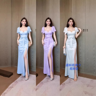 紫色性感修身 连衣裙 包臀宴会主持晚礼服显瘦气质开叉长裙御姐时尚