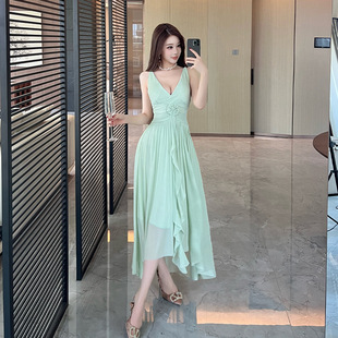 跨境气质无袖 V领连衣裙温柔气质露背长裙飘逸仙女度假裙性感6541