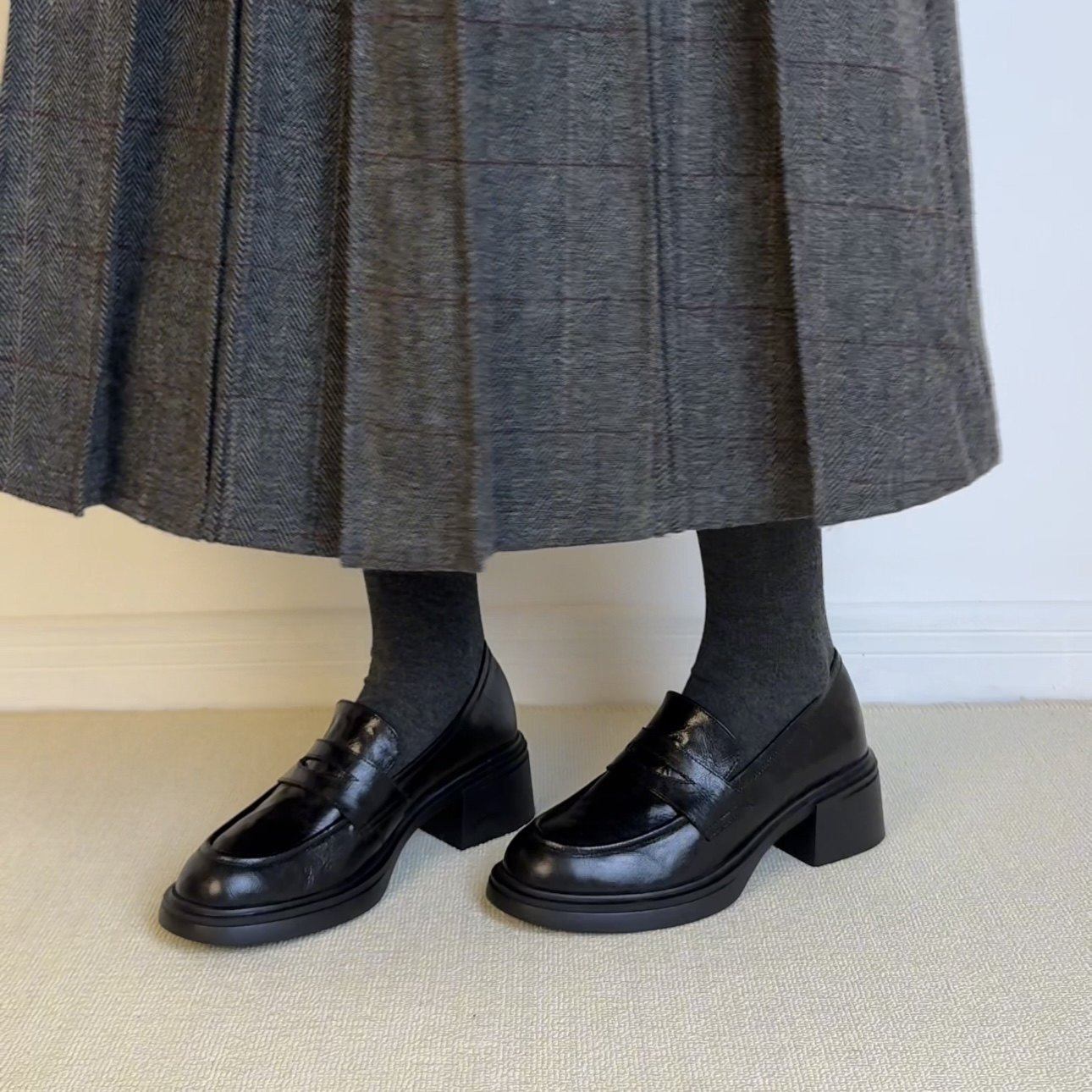 羊皮~真皮圆头复古通勤厚底粗跟乐福鞋女黑色气质小皮鞋中跟单鞋,女鞋,乐福鞋（豆豆鞋）,淘宝优惠券,粉丝福利购,淘宝优惠卷