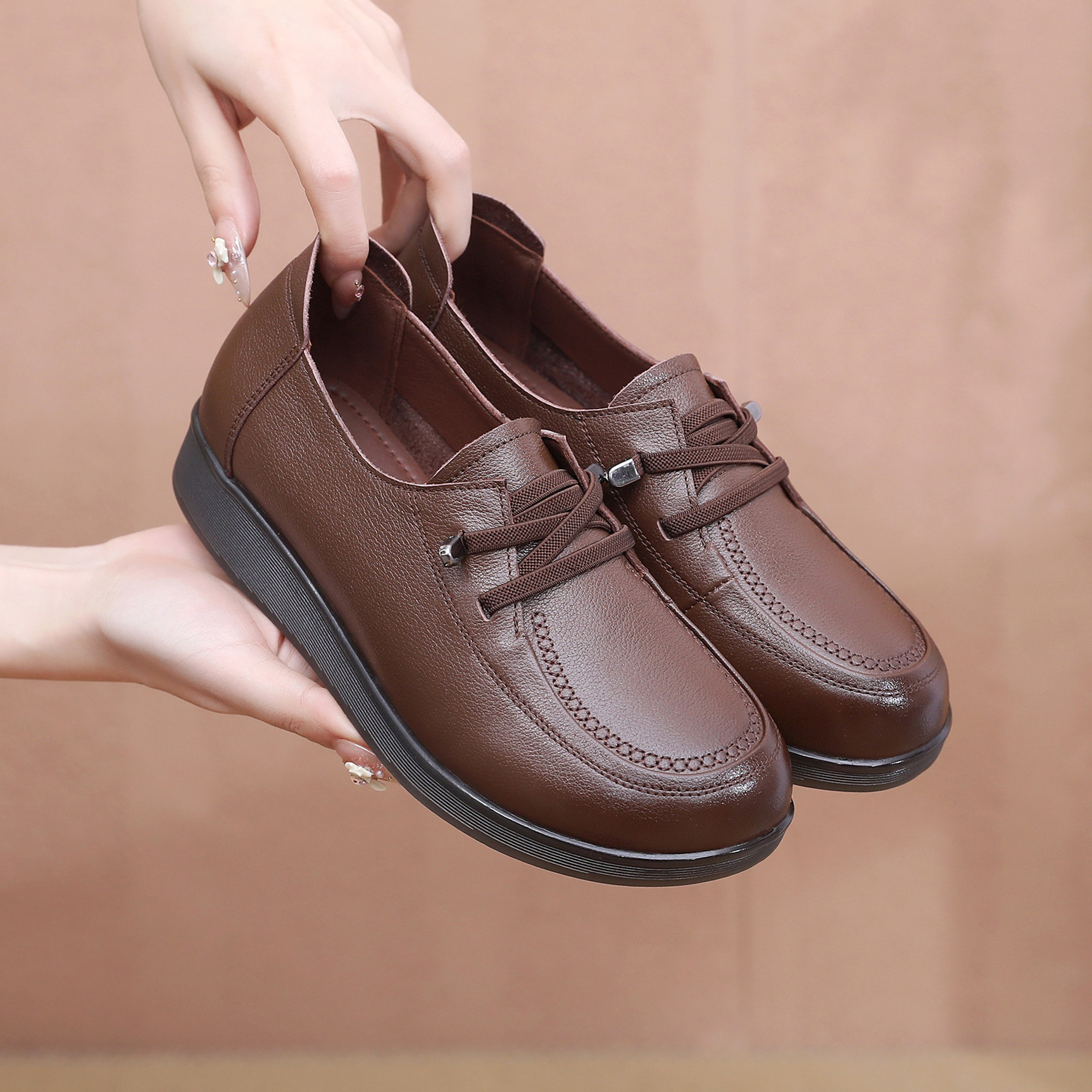 妈妈鞋舒适真皮大码平底春秋休闲系带深口皮鞋牛筋软底中老年单鞋,女鞋,深口单鞋,淘宝优惠券,粉丝福利购,淘宝优惠卷