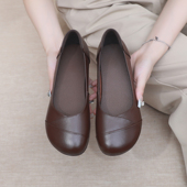 头层牛皮舒适圆头牛筋底中老年人浅口平底单鞋 妈妈鞋 真皮软底大码