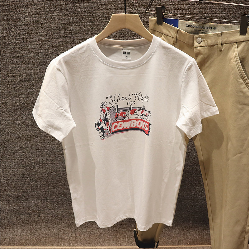 喜吉良200g纯棉简约牛仔印花短袖t恤男数码直喷圆领半袖春夏上衣