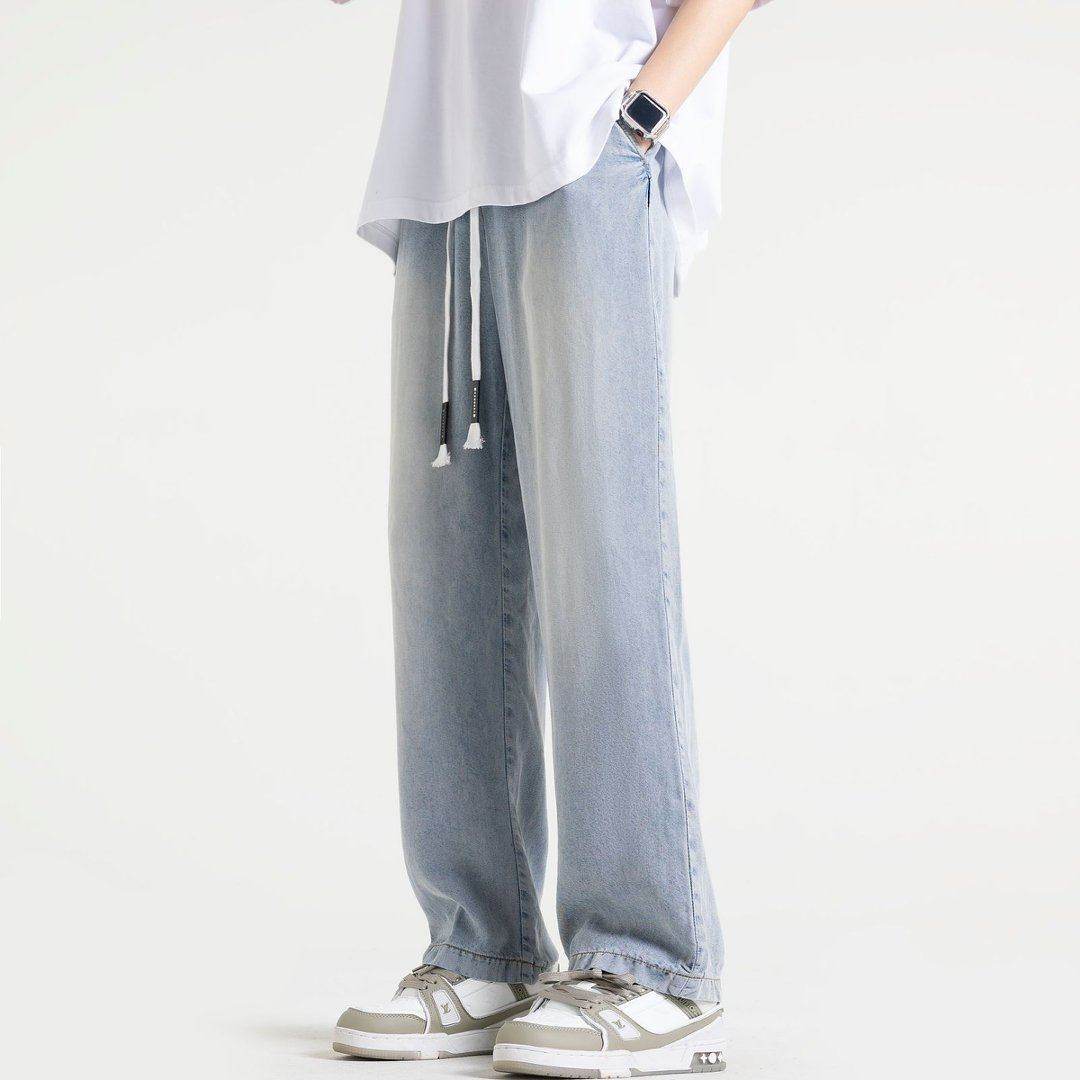 潮牌复古水洗牛仔裤男国潮松紧腰系绳黑灰宽松青少年裤,男装,卫裤,淘宝优惠券,粉丝福利购,淘宝优惠卷