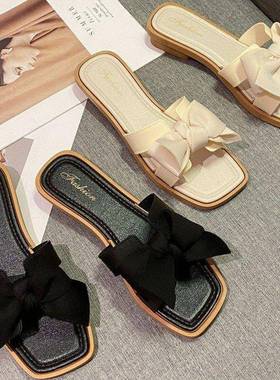 蝴蝶结拖鞋女夏外穿家居平底防滑仙女一字凉拖软底Slipper womn