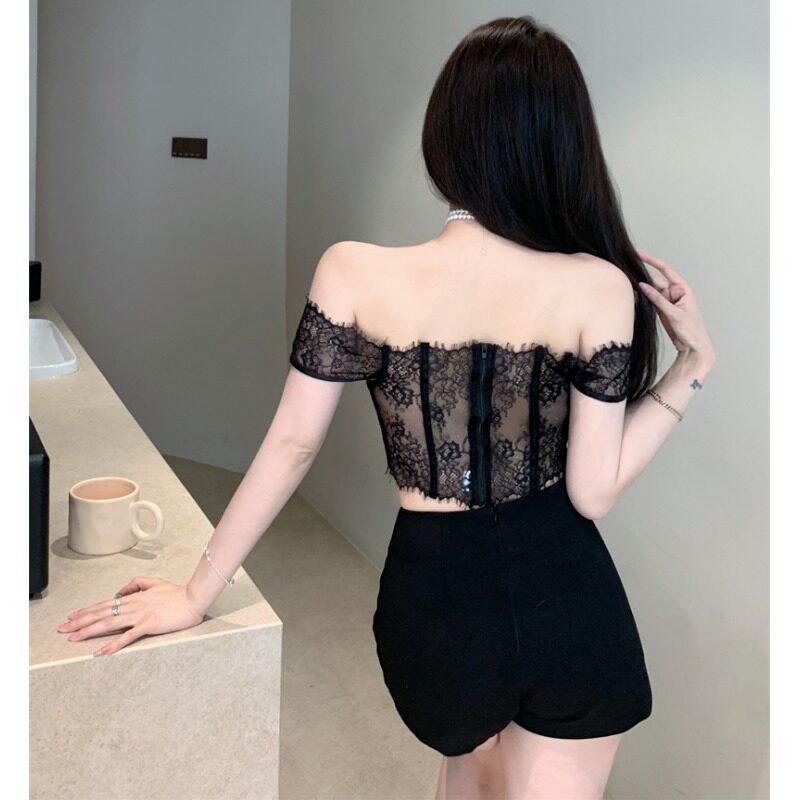 带胸垫一字肩蕾丝抹胸背心夏修身抹胸