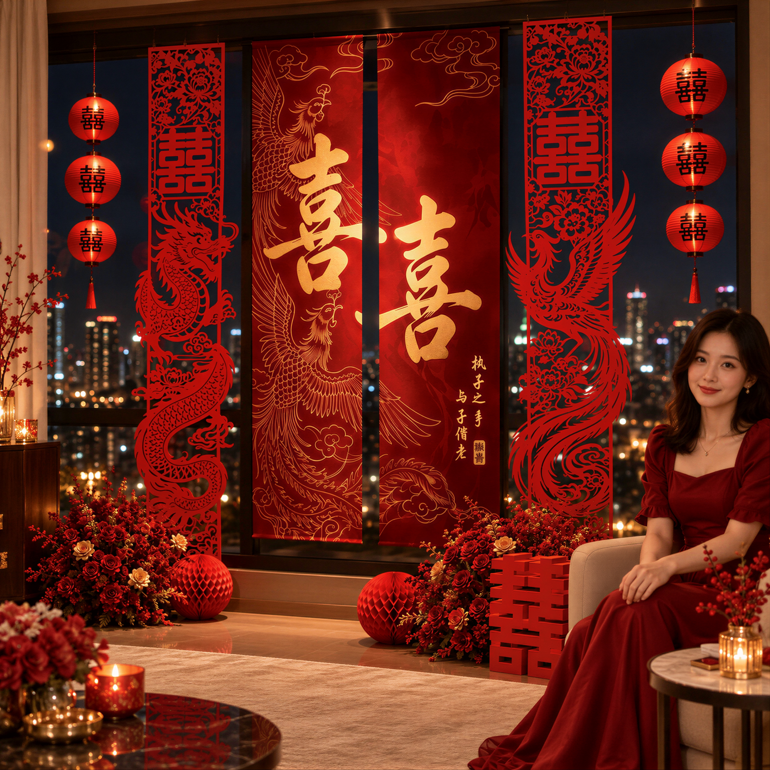 结婚客厅布置高级订婚背景墙挂布