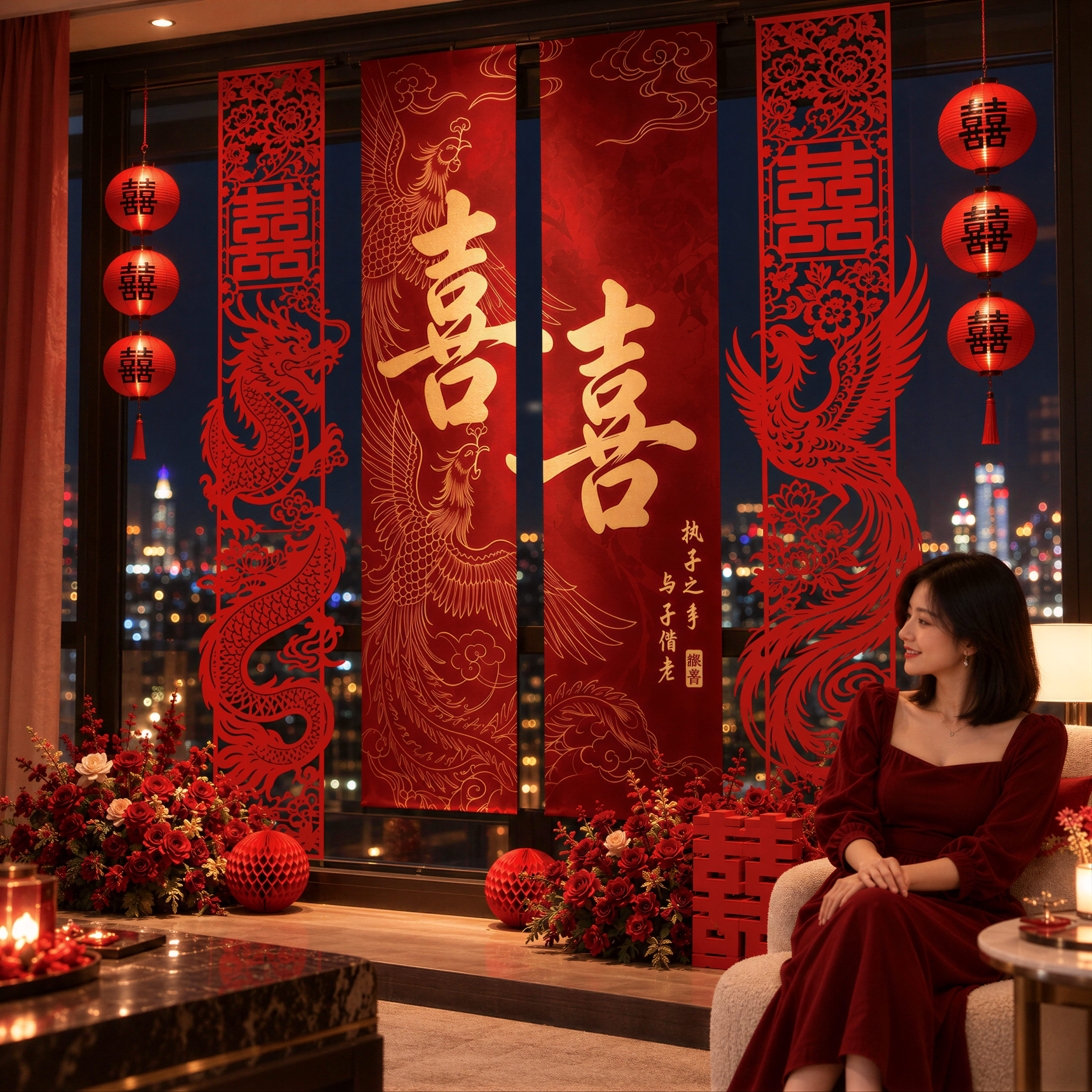 结婚客厅布置高级订婚背景墙挂布