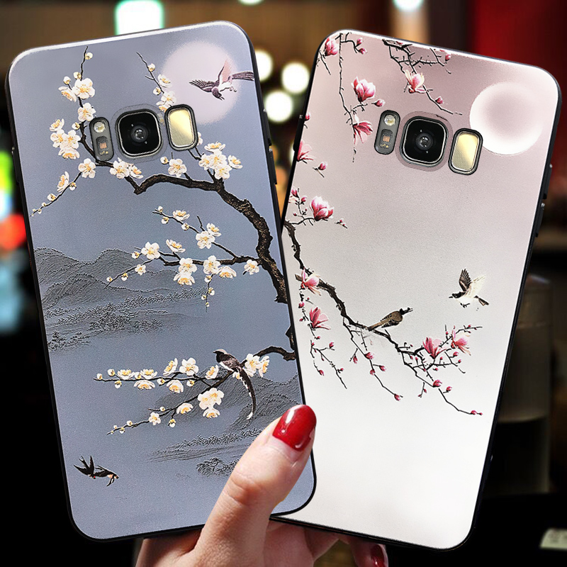 适用于三星s8手机壳女款全包防摔保护套复古风梅花外壳s9+plus男款潮软壳note8硅胶超薄磨砂带挂绳挂脖式指环