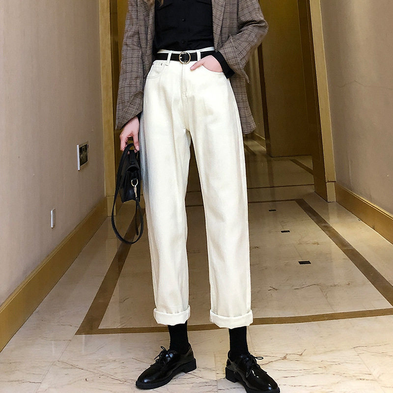 断码清仓不退不换杏色牛仔裤女秋冬宽松高腰米白色老爹萝卜裤休闲
