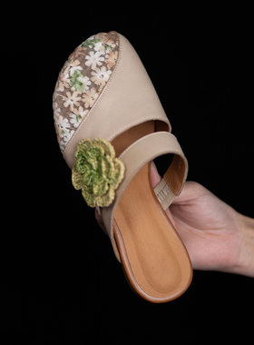 春夏季民族风包头低跟复古真皮半拖舒适不累脚头层牛皮外穿拖鞋女