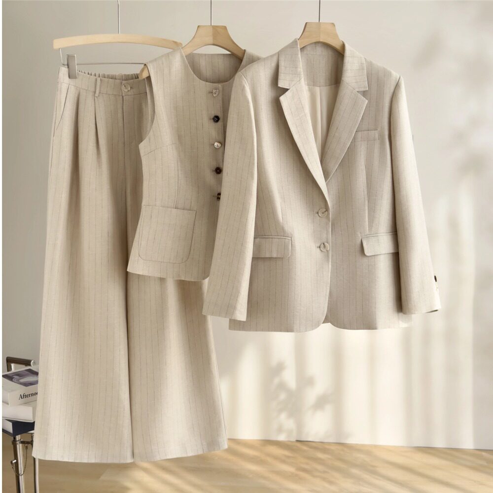 高级感条纹亚麻西装套装女春季马甲西服阔腿裤职业通勤三件套