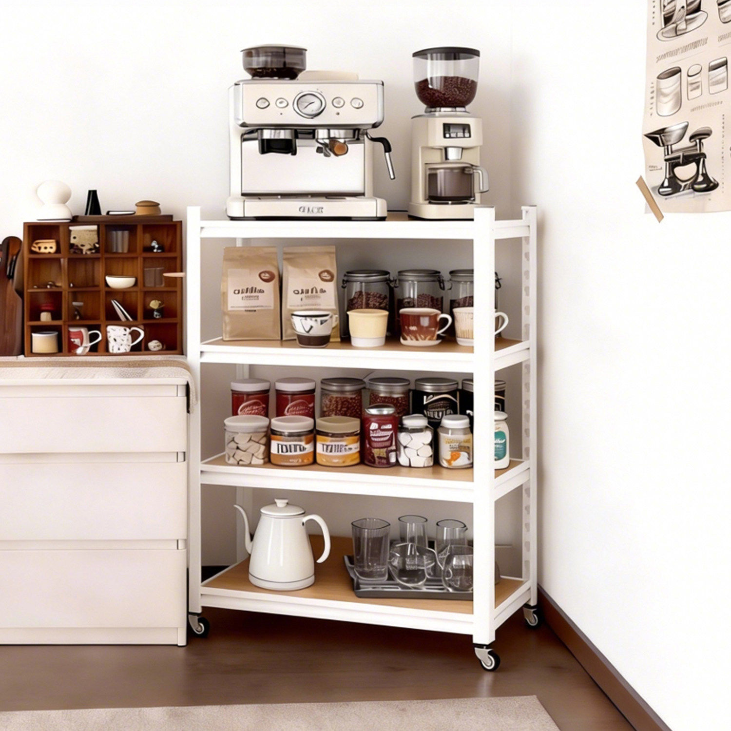 钢骨咖啡机置物架角落靠墙一体小柜子落地多层收纳储物架金属货架