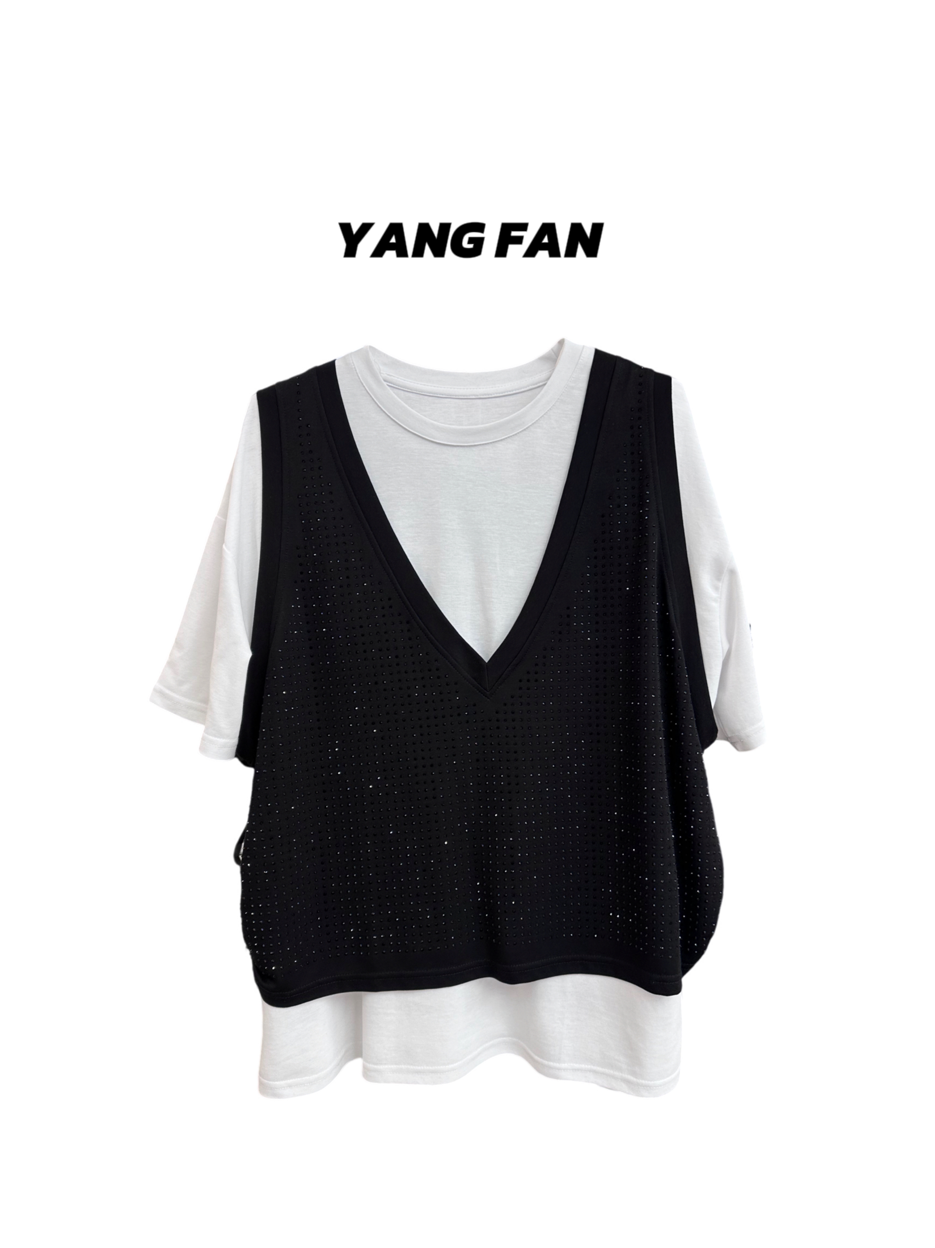 V领钻背心+短袖T恤休闲真两件套上衣女装2024夏季新品满钻欧货T恤