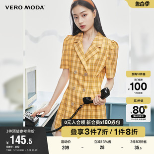 泡泡袖 Vero Moda奥莱夏季 清仓复古通勤时尚 双排扣棋盘格纹连衣裙