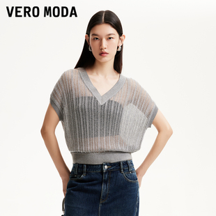 亮丝后背镂空V领个性 Vero 新款 Moda奥莱针织短袖 上衣 女2025夏季