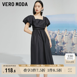 褶皱黑色显瘦短袖 Vero 甜美泡泡袖 Moda奥莱夏季 连衣裙子 清仓时尚