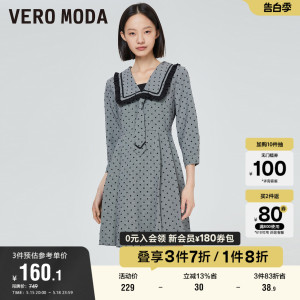 Vero Moda奥莱连衣裙子春秋清仓七分袖娃娃领设计波点A字裙女