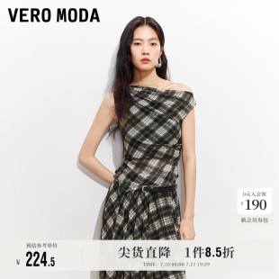 Vero Moda奥莱T恤女2026夏季新款斜肩荡领网纱格纹无袖上衣通勤