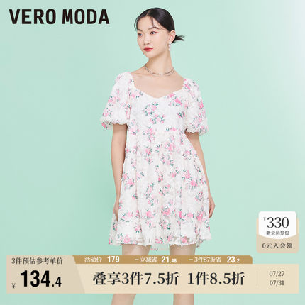 Vero Moda奥莱夏季清仓时尚甜美碎花泡泡袖可爱娃娃短袖连衣裙子