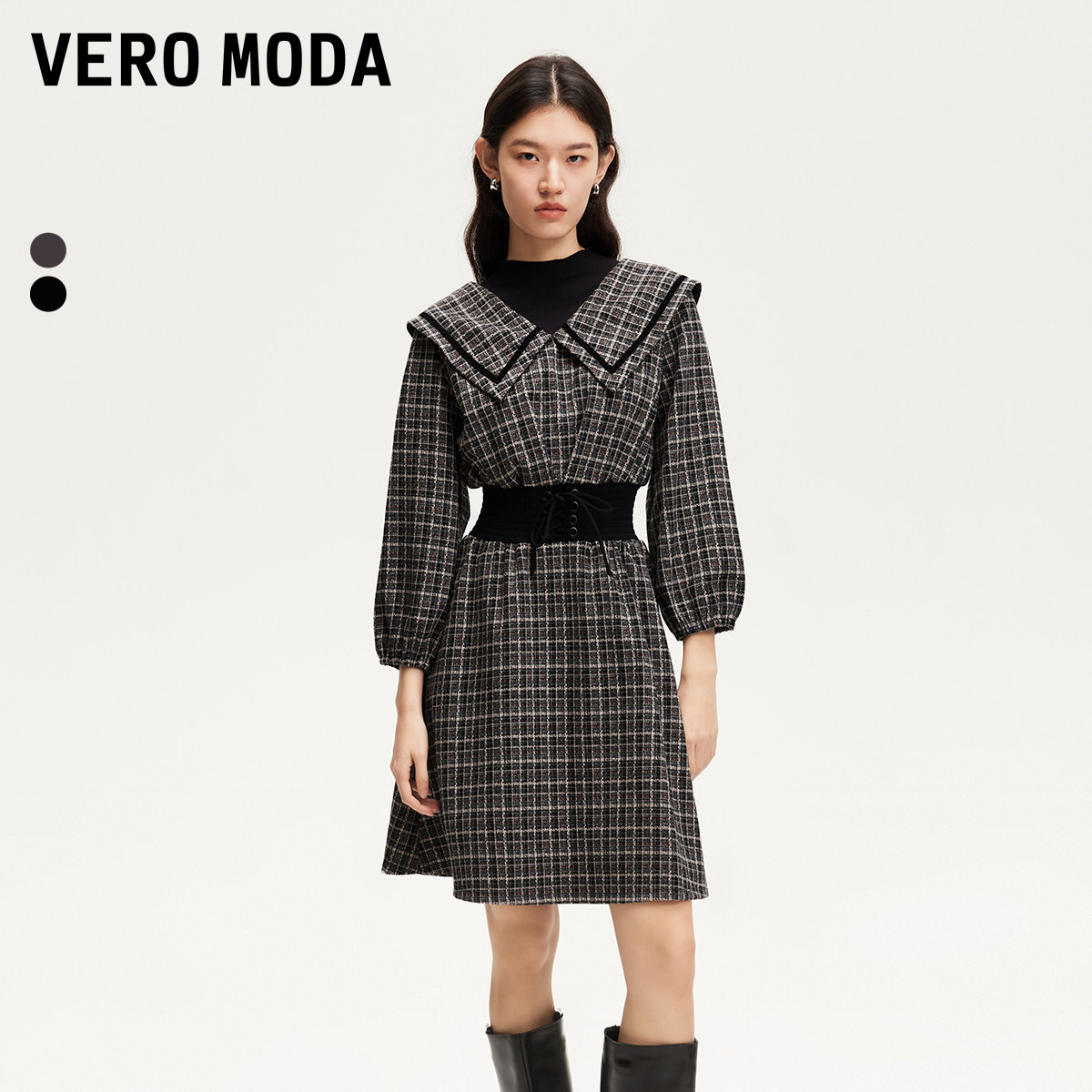 Vero Moda奥莱连衣裙春夏新商场同款格纹腰封系带中裙复古流