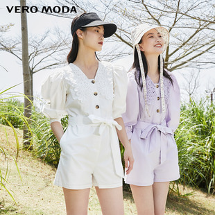 清倉公主泡泡袖 Vero Moda奧萊連體短褲 子女夏季 蕾絲領收腰V領休閑