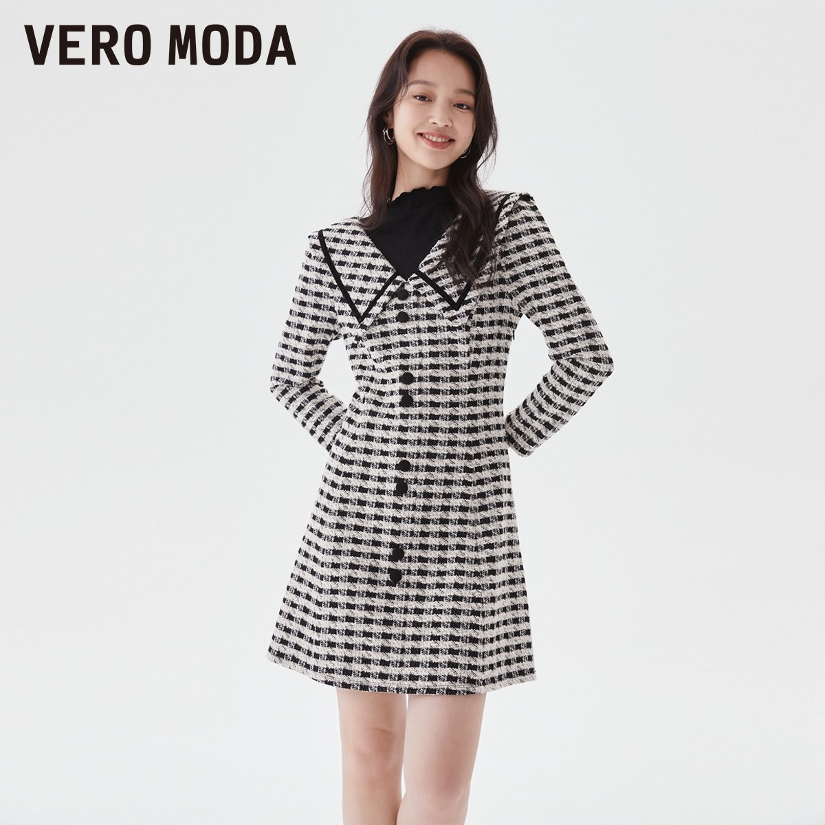 Vero Moda奥莱连衣裙秋冬清仓时尚优雅格纹假两件收腰裙子女