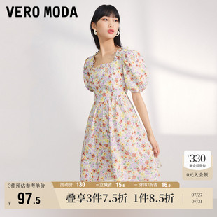 甜美女 Vero Moda奥莱连衣裙子夏季 清仓油画风碎花方领泡泡袖 修身