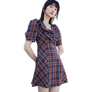 Vero Moda奥莱连衣裙夏季蝴蝶结A摆泡泡袖气质格纹复古裙子