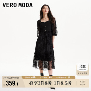 Vero Moda奥莱连衣裙夏季 新款 优雅气质方领拼接半透丝绒裙子短袖