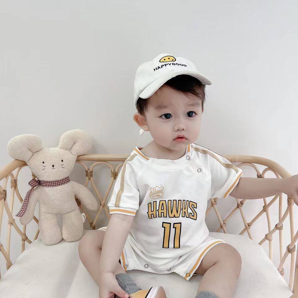 网红男女宝宝夏季外出超洋气韩版棒球短袖连体哈衣婴幼儿爬爬服潮