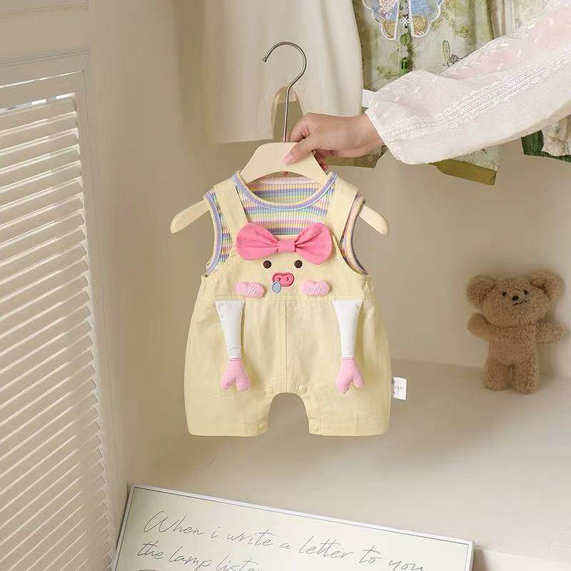 婴幼儿衣服夏季薄款女宝宝包屁衣满月百天可爱卡通小猪背带裤夏装