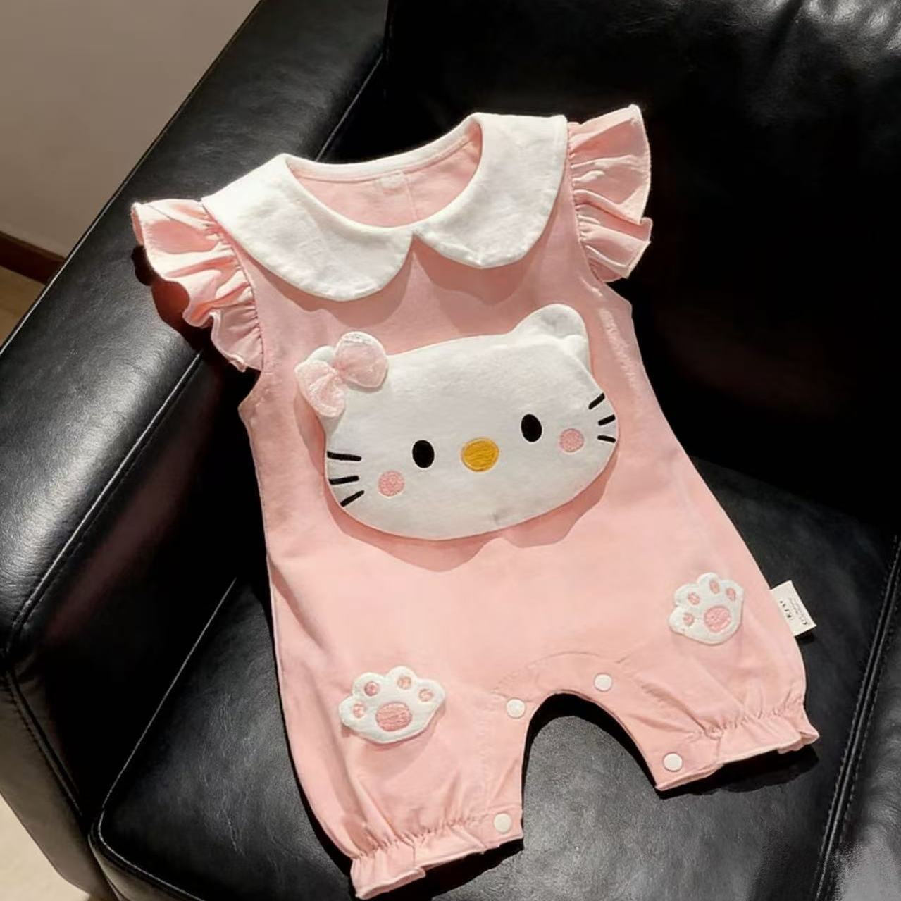 甜美风女宝宝夏季荷叶领卡通可爱猫咪短袖连体衣透气连体哈衣爬服