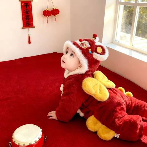 中式婴儿满月百天可爱龙角周岁服