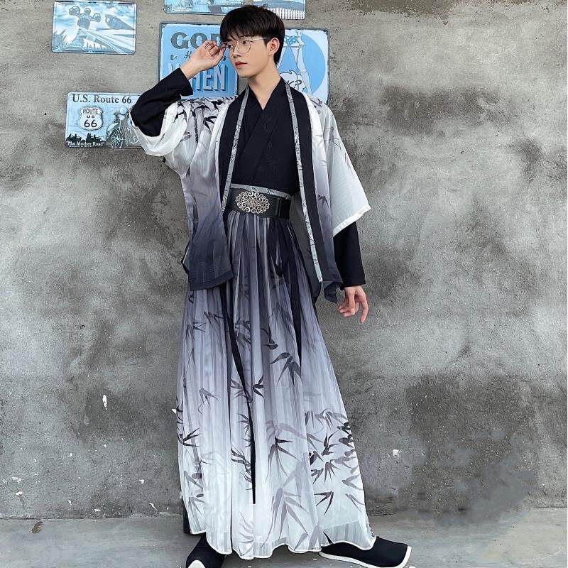 HANFU 중국 스타일 기사도 잘 생긴 비 의상 남성과 여성 같은 스타일 송나라 매일 HANFU 대나무 잎 인쇄 허리 길이 양복