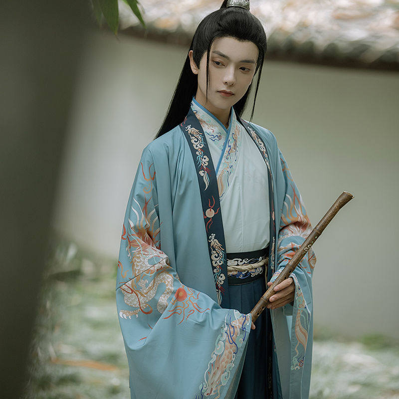 MIDU [FLOATING BOAT] 오리지널 HANFU 남성 봄 여름 크로스 칼라 프린트 슈트 웨이 진 스타일 학생 기사 대형 소매