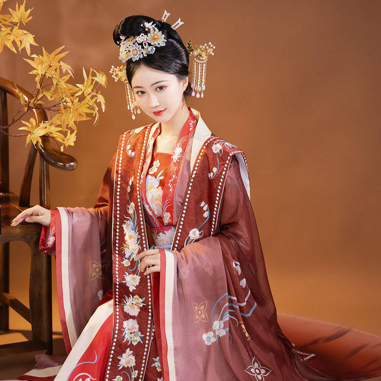 송나라 웨딩 드레스 XIAPEI HANFU 여성 정통 오리지널 더블 브레스트 가운과 허리 길이 스커트 핑크 레드 중국 스타일 여름