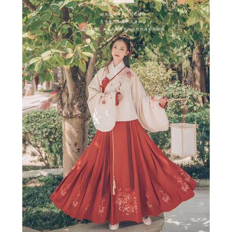 HANFU 여성의 전통 의상 수 놓은 재킷 스커트 수 놓은 학생 명나라가 만든 큰 밑단 스커트 붉은 말 얼굴 스커트 데일리 슈트