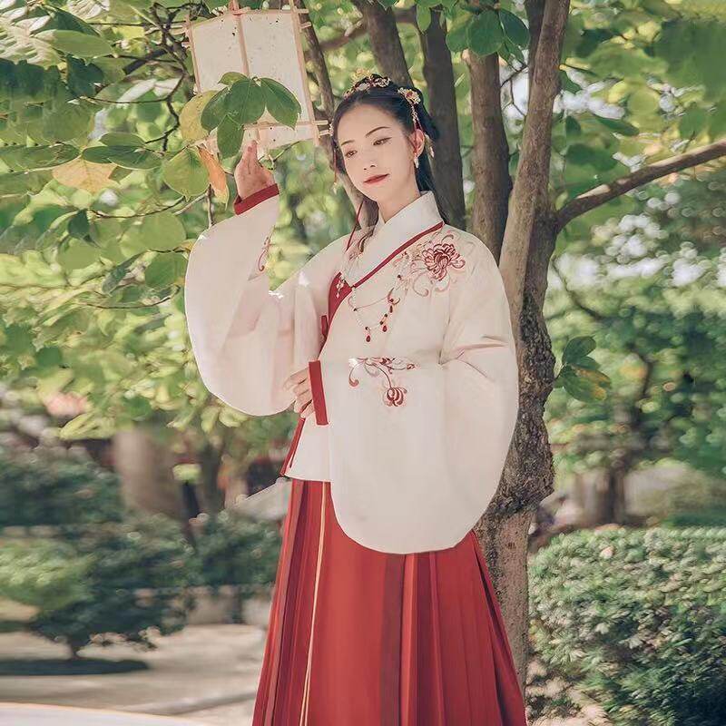 HANFU 여성의 전통 의상 수 놓은 재킷 스커트 수 놓은 학생 명나라가 만든 큰 밑단 스커트 붉은 말 얼굴 스커트 데일리 슈트