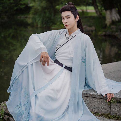 원래 HANFU 남성과 여성 커플 슈퍼 요정 시원한 분위기 세련된 중국 스타일 크로스 칼라 허리 길이 인쇄 고대 의상 봄 여름 가을