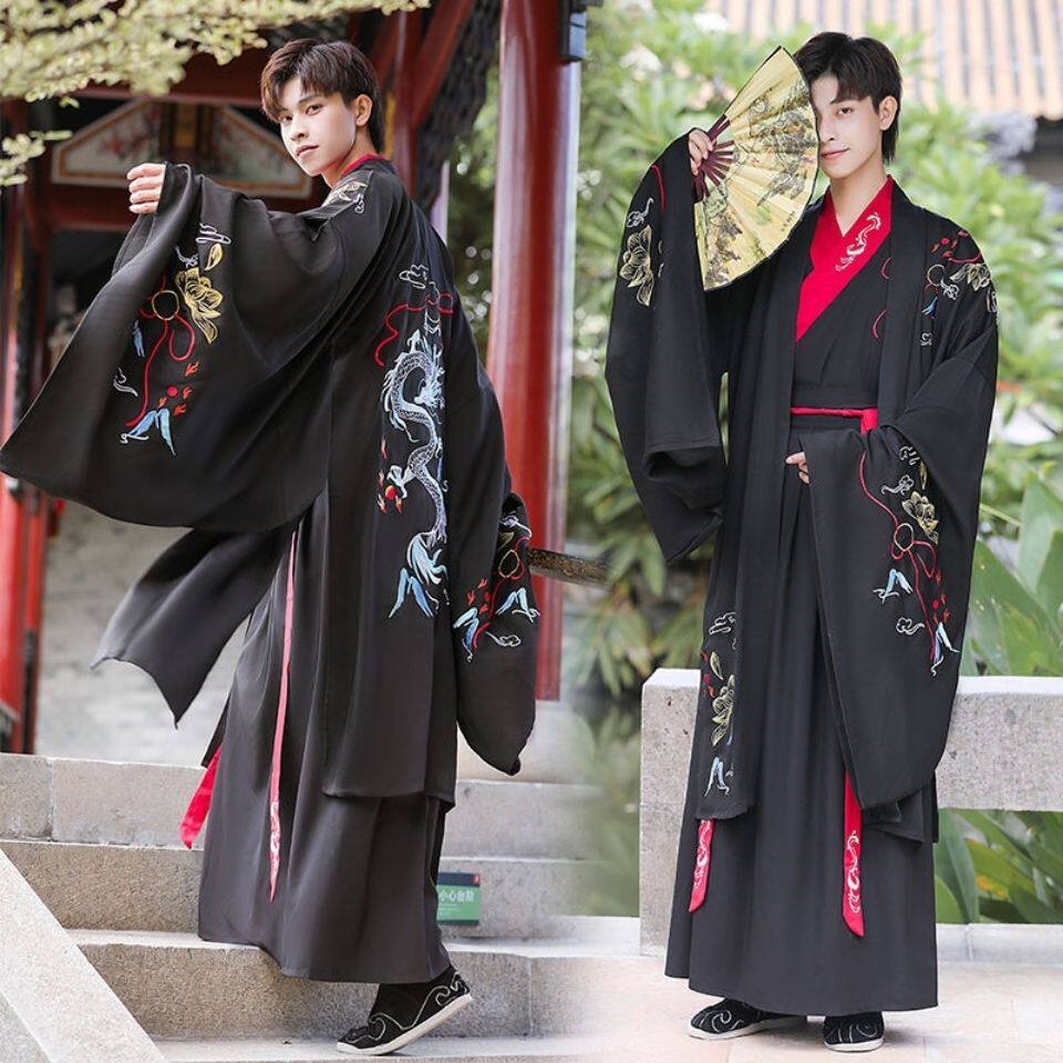 HANFU 남자의 요정 스타일 고대 스타일 남자의 검은 용 패턴 자수 웨이와 진 중국 스타일의 의상 성능 의류 한 요소 완전한 세트