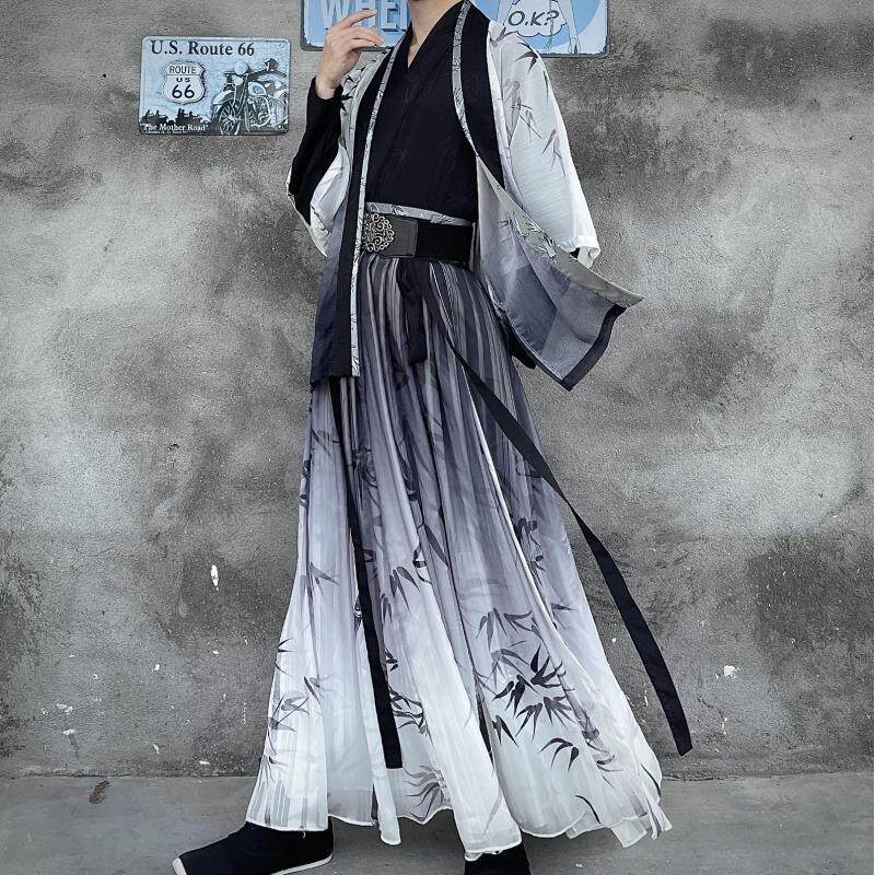 HANFU 중국 스타일 기사도 잘 생긴 비 의상 남성과 여성 같은 스타일 송나라 매일 HANFU 대나무 잎 인쇄 허리 길이 양복