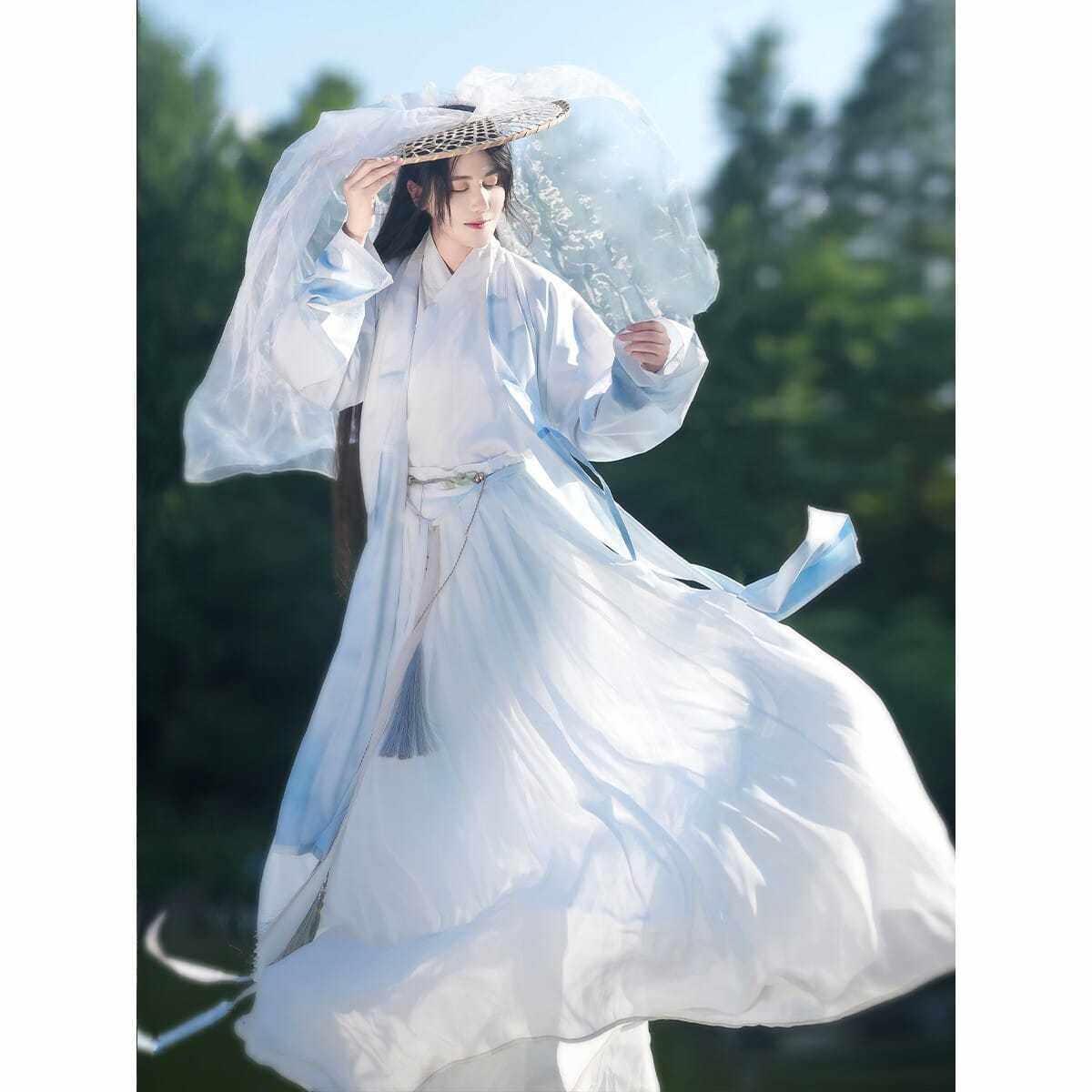 새로운 오리지널  커플의 송나라 스타일 일일 요정 같은 국가 스타일 남성과 여성의 성교 칼라 허리 길이 HANFU 흰색과 파란색
