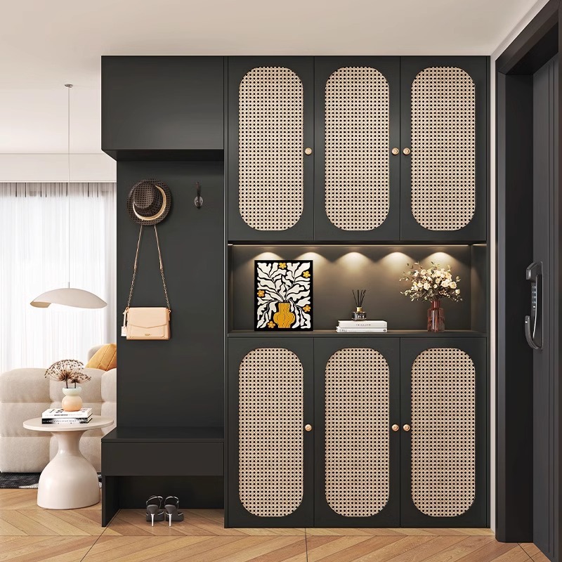 复古鞋柜玄关柜一体带换鞋凳家用门口大容量实木藤编储物柜入户柜
