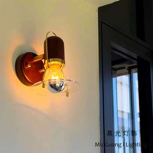 日式复古小壁灯卧室床头灯中古法式胡桃木色感门厅过道装饰灯