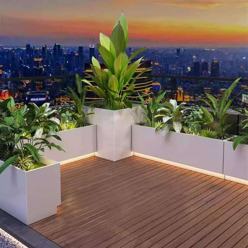 户外太阳能不锈钢花箱组合庭院露台商业街造景长方形花坛铁艺花槽