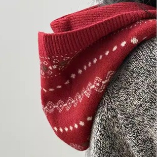 围巾针织复古W571保暖女冬季 提花风费尔岛慵懒一体帽子 连帽
