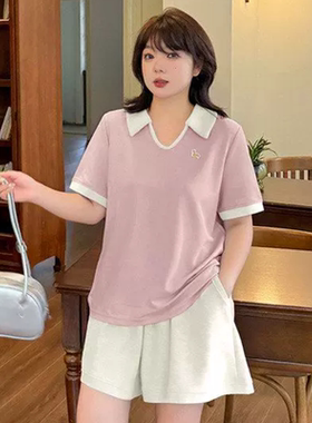 olo显瘦p两件套232452领休闲套装新款胖mm减龄学院风宽松夏季